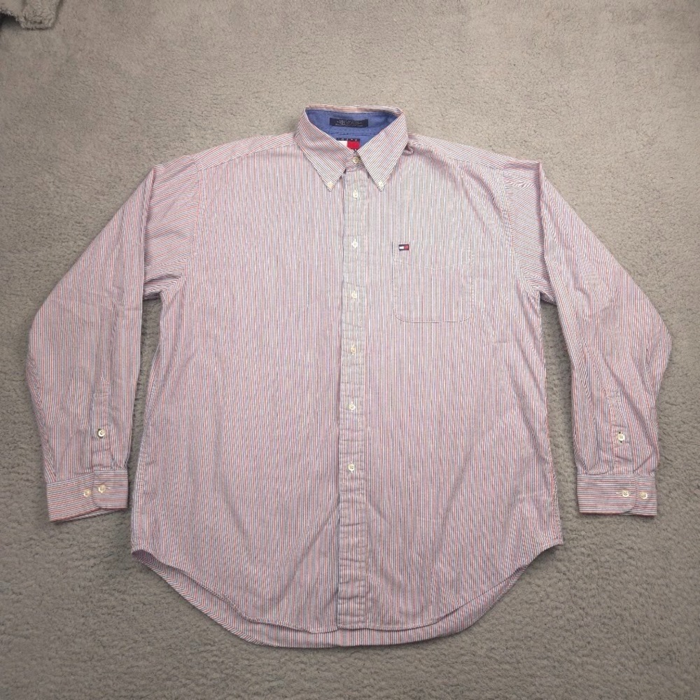 Tommy Hilfiger Button Down Shirt Men's L Red Blue Striped Oxford Long Sleeve